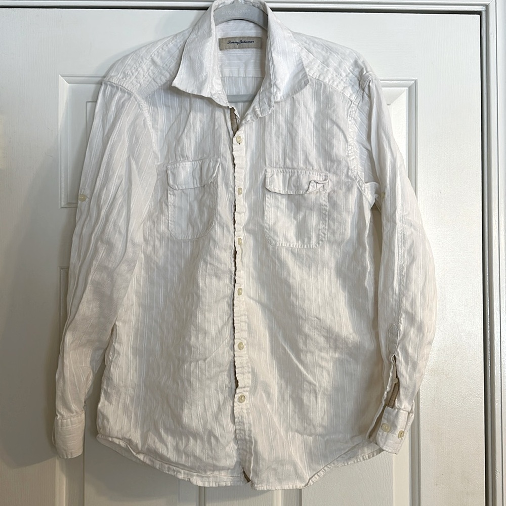EUC Men’s Tommy Bahama White Button Down, Size L; Linen Cotton Blend